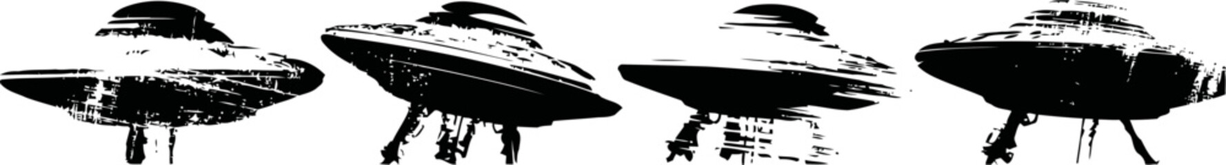 Obraz premium set of four vintage ufo illustrations flying saucers with domes and legs in black silhouette
