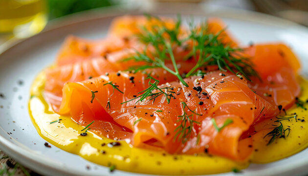 Swedish gravlax, thinly sliced cured salmon with fresh dill and mustard sauce, tasty food. Close-up.