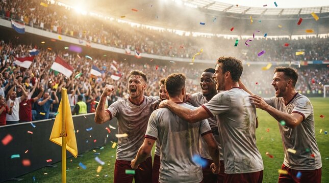Ecstatic football team celebrates a triumphant goal with joyous fans under bright stadium lights, showered in celebratory confetti, marking a memorable victory