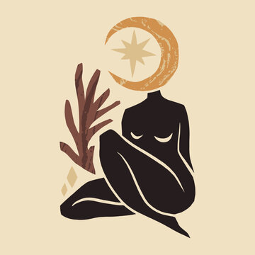 Abstract moon goddess lettering vector, minimalist spiritual woman silhouette, aesthetic reiki and yoga line art with botanical elements, mystical graphic clipart
