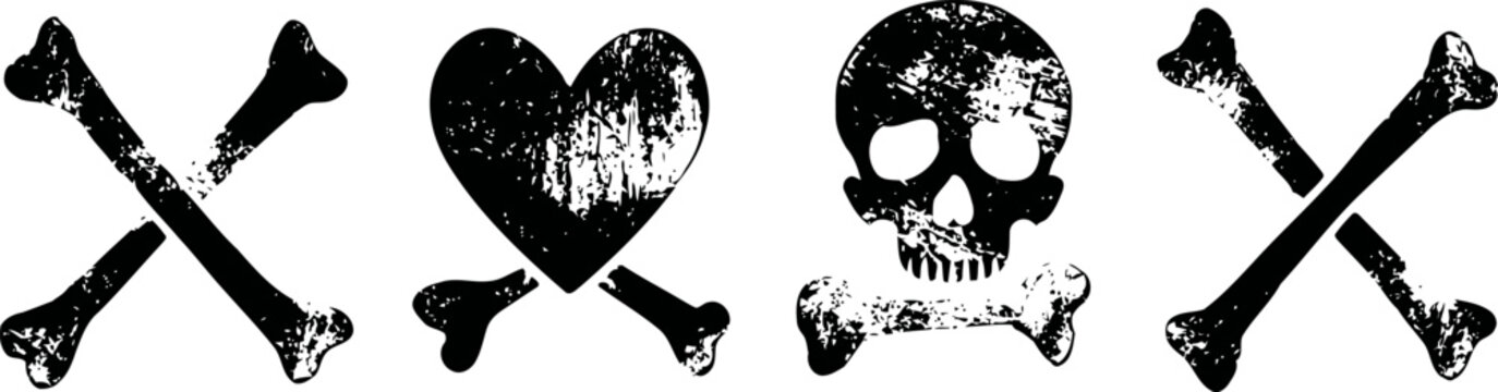 grunge skull and crossbones symbols with worn texture heart with crossed bones and classic pirate motifs