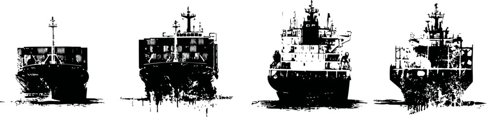 Obraz premium Four container cargo ships sailing in open ocean under clear sky at different angles