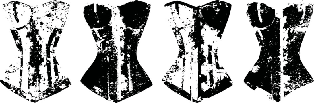 Vintage corset silhouettes set retro female waist cincher shapes in black and white grunge isolated
