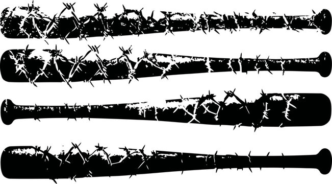 Black silhouette of four wooden bats wrapped with barbed wire isolated on white background