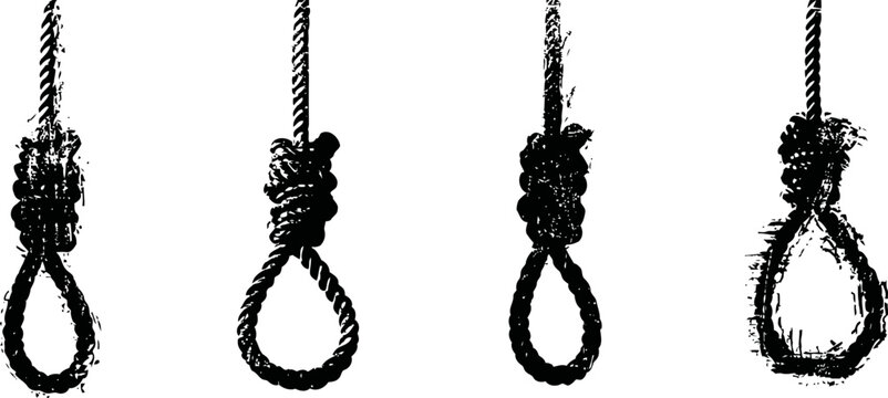 Set of vintage hanging nooses in various styles isolated on white background, rope loop, execution concept