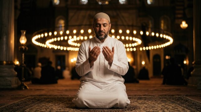 Muslim Man Sitting in Prayer with Traditional Cap and Decorative Islamic Lighting
