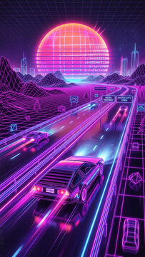 Retro synthwave landscape with futuristic car driving on highway towards glowing pink sun, synthwave