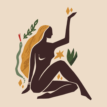 Abstract moon goddess lettering vector, minimalist spiritual woman silhouette, aesthetic reiki and yoga line art with botanical elements, mystical graphic clipart