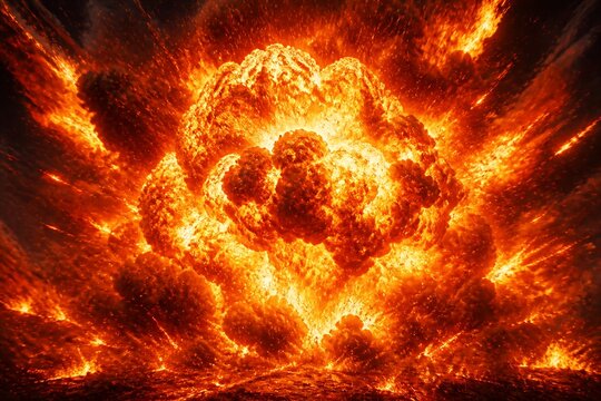 Massive fiery explosion with smoke and debris in landscape