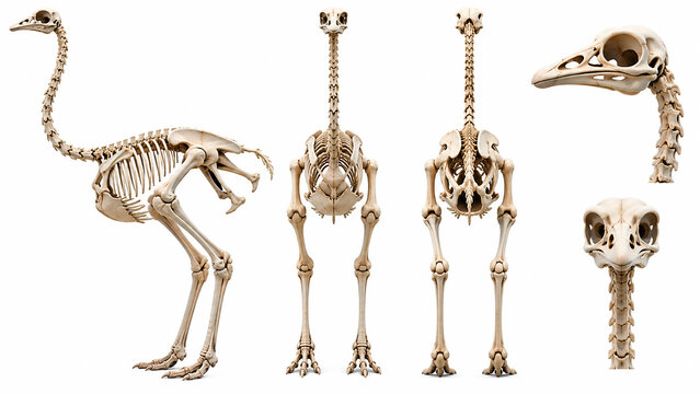 Ostrich Skeleton Anatomy Scientific Illustration with Multiple Views Isolated on White
