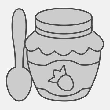 Jar of strawberry jam isometric icon, sweet food concept. Vector graphics. Jam jar with tablespoon sign with outline for or web design
