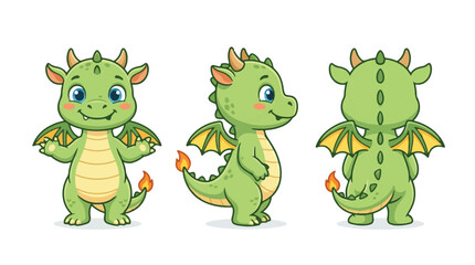 Fototapeta premium Adorable cartoon baby dragon character in multiple poses, showcasing its playful personality and detailed design, perfect for children's projects and fantasy themes