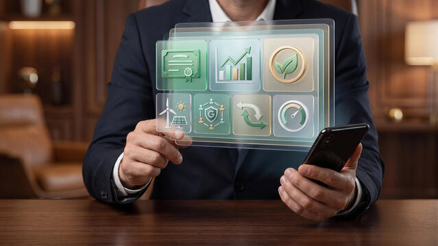 Businessman holding smartphone with green finance hologram showing certificate growth chart and renewable energy icons for ESG sustainable investment and eco business technology concept