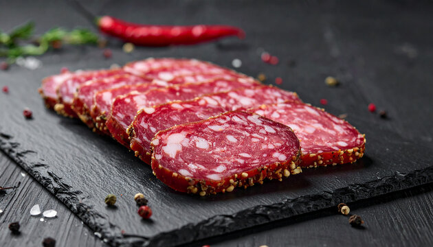Tasty dried meat with spices on black slate, delicious food, gourmet snack concept. Close-up.
