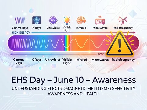 Horizontal Gradient Bar of Electromagnetic Spectrum with Caution Triangle Over Radiofrequency Section &ndash; Clean Educational Abstract &ndash; EHS Day June 10 &ndash; Awareness Text Below


