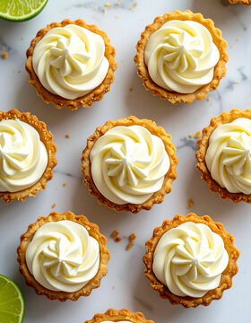 Top down view of mini key lime pies with smooth cream frosting, tasty sweet food, appetizing dessert. Close-up.