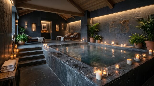 Luxury indoor swimming pool with ambient lighting and natural stone finishes, surrounded by lush plants.