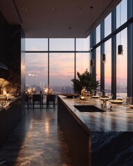 Obraz premium Luxury penthouse kitchen interior featuring dark marble countertops and floor-to-ceiling windows overlooking a city skyline during a warm golden sunset hour
