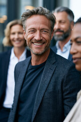 Obraz premium small tight group of colleagues aged 35 to 55 meeting briefly near an office window, one person mid-step turning around, natural fluid movement, subtle smiles, casual chatting, gen