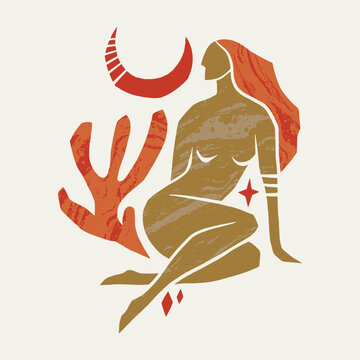 Abstract moon goddess lettering vector, minimalist spiritual woman silhouette, aesthetic reiki and yoga line art with botanical elements, mystical graphic clipart