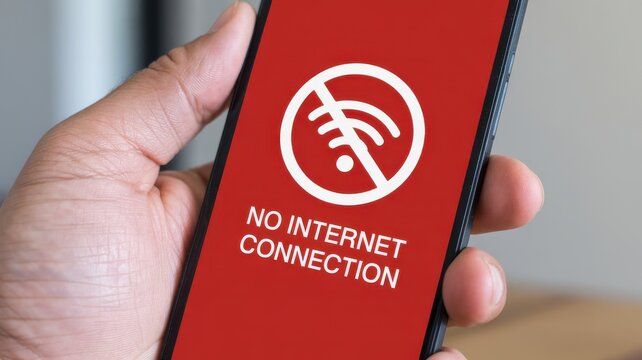 Hand holding smartphone showing no internet connection with red and white design