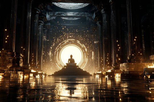 Serene Buddha meditating in a grand ancient temple with a glowing portal behind