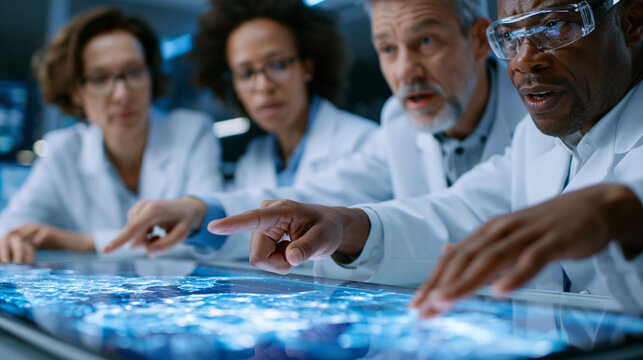 Futuristic corporate tech lab with a large glass smart table, cinematic scientists analyzing global network holograms, dramatic dark blue illumination, corporate tech thriller aest