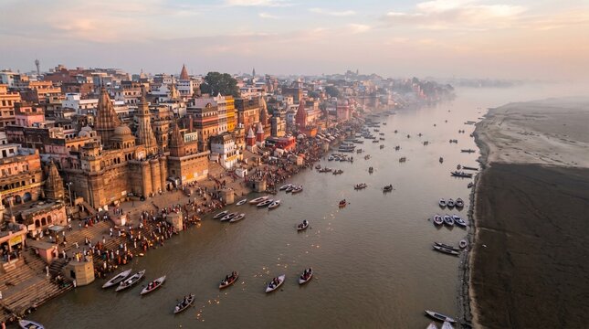 Breathtaking Aerial View Of Ancient Ghats And Boats Along The Holy Ganges River In Varanasi At Sunrise