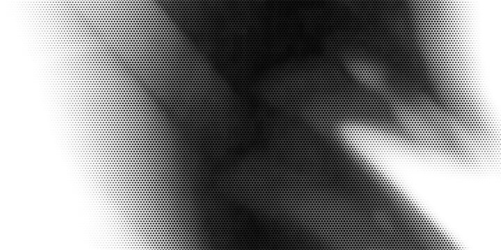 Hexagon halftone gradient texture. Abstract black grunge background. Geometric retro halftone tech overlay. Fading wavy hexagonal pattern backdrop. Vector vanishing honeycomb grunge bitmap wallpaper
