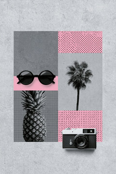Pineapple, palm tree, and camera with sunglasses on a gray background in a stylish layout
