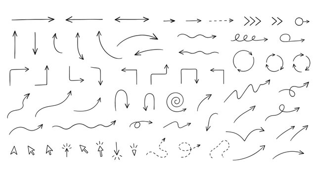 Hand drawn arrows, lines, swirls and motion direction set