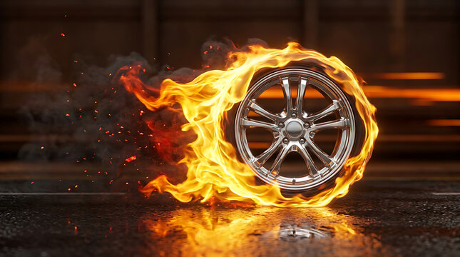 High Speed Performance Car Wheel Engulfed in Intense Realistic Flames on Dark Wet Asphalt Road