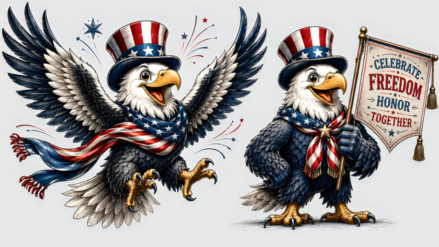 Patriotic cartoon birds holding ribbons and sign in vintage illustration style