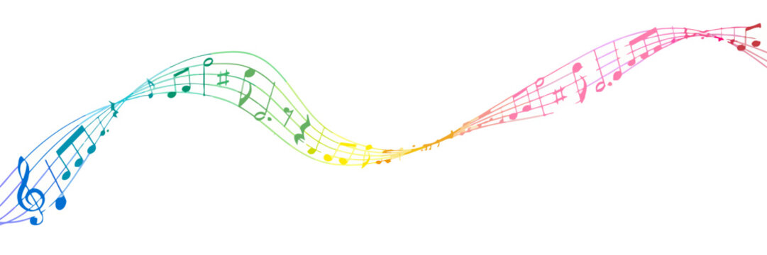 Rainbow musical notes flowing on a staff, creative musical concept