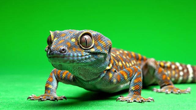 A colorful lizard with orange and yellow spots is crawling on green surface.