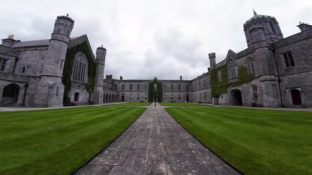 The University of Galway, quadrangle at cloudy sunset in Ireland, amazing architecture and landmark, medieval building