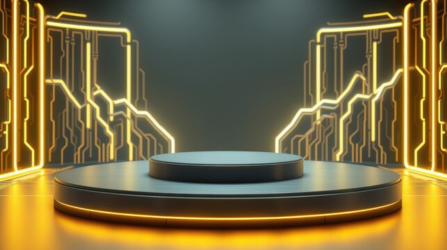 Futuristic stage design. Circular platform illuminated by neon lights. Dark background emphasizes glowing geometric patterns. Modern presentation space.