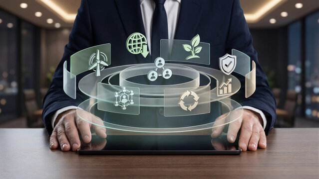 Businessman using tablet with ESG hologram showing renewable energy recycling and social governance icons for sustainable corporate strategy and green investment business technology concept