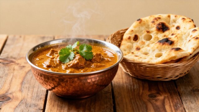 Steaming curry and naan bread