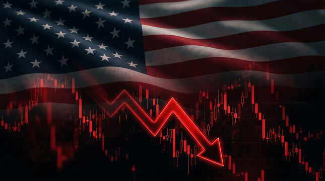 USA Stock Market Crash with Falling Red Arrow and Economic Recession Concept. American Stock Market Crash and Economic Recession. American flag with falling red arrow.