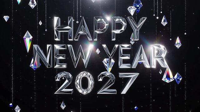 Happy new year 2027 shimmering silver text with sparkling diamonds and glitter.