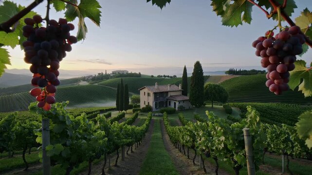 Grapes grow on vines in a vineyard at sunset in Tuscany while a house stands nearby