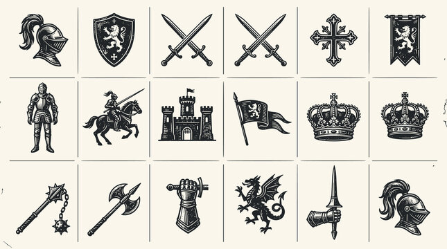 Medieval Heraldic Icons Set in Vintage Engraved Style with Knights, Castles, Royal Crowns and Fantasy Kingdom Symbols
