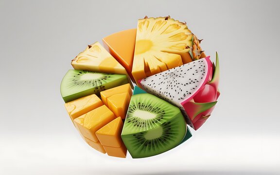 Vibrant 3d fruit pie chart with pineapple kiwi dragon fruit and cheese slices