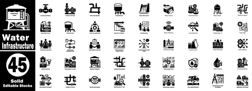 Solid water infrastructure icons set. Representing reservoir dam pumping stations and sewage management utility systems design.