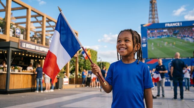 Happy young boy holding flag waving outside in fan zone with big screen displaying football match