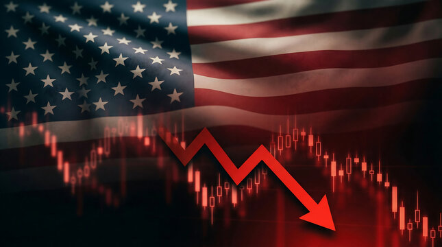 USA Stock Market Crash with Falling Red Arrow and Economic Recession Concept. American Stock Market Crash and Economic Recession. American flag with falling red arrow.