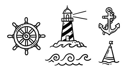 Nautical maritime icon set with lighthouse anchor ship wheel and buoy hand drawn line art vector doodles for marine and ocean themes © Zyariss