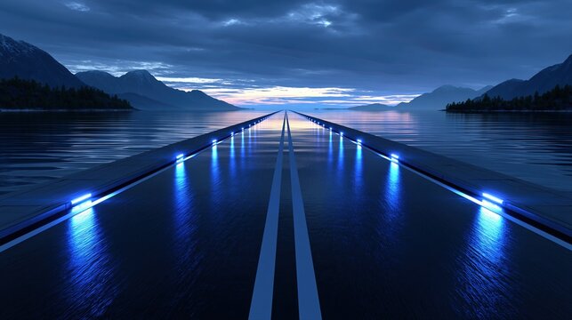 Futuristic bridge with blue lights over calm water at dusk, leading to distant mountains and sunset sky.