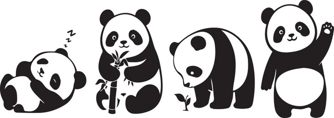 Cute panda bear character set, black and white giant panda vector illustrations, 4 cartoon panda icons in different poses for kids design © Adnan